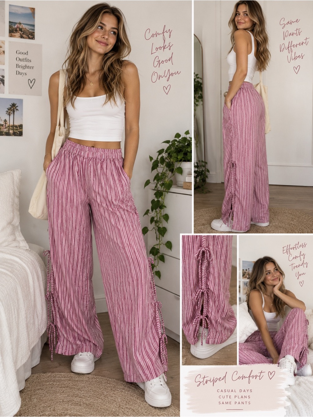 wild fable Pink Striped Wide-Leg Tie-Detail Pants
